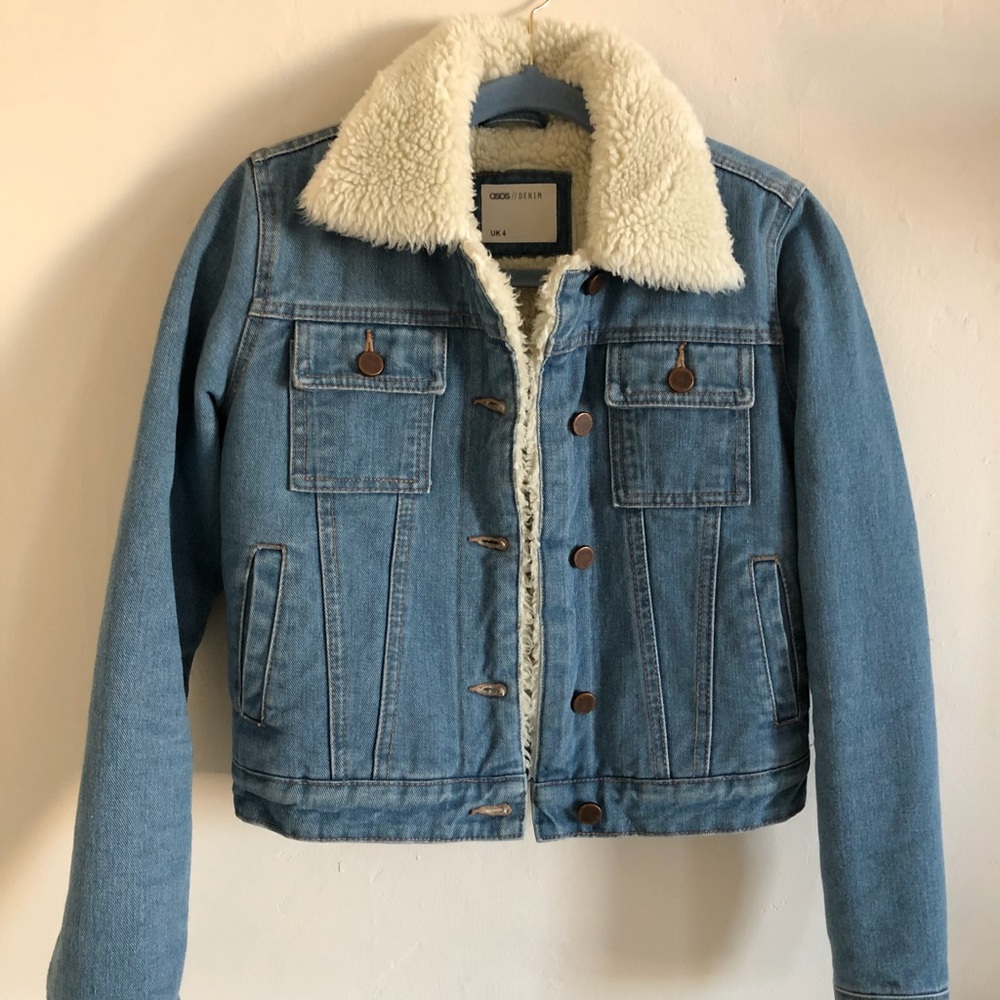 Asos Cropped Shearling Denim Jacket
